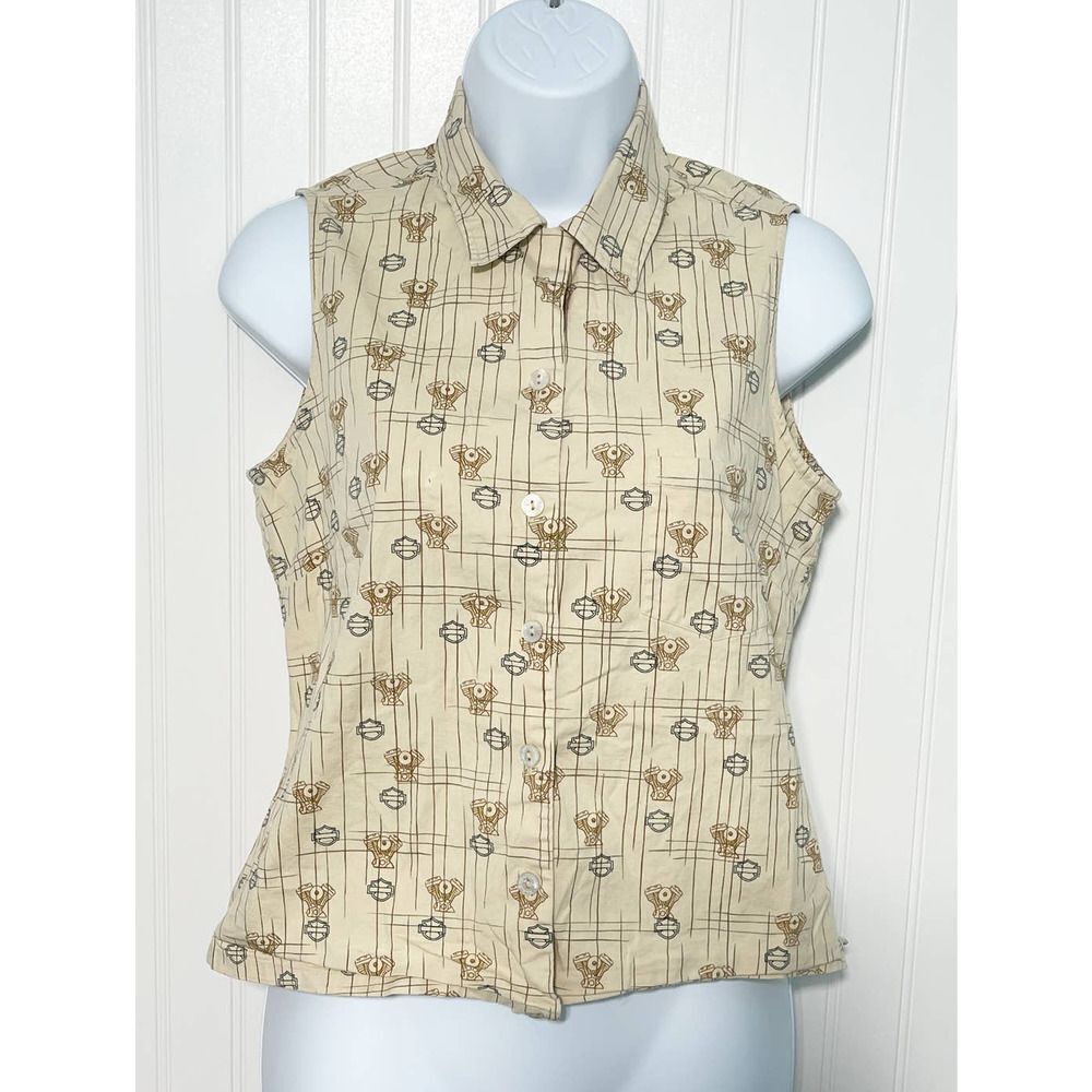 Harley Davidson Tori Richard Printed Engine Button Up Top Aloha Wear Tan Small‎